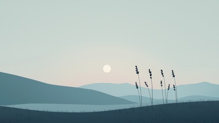 Canvas Print - Serene minimalist landscape at dawn with lavender plants and mountain range.