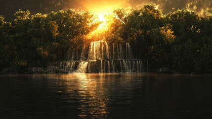 Canvas Print - Serene sunset illuminates a cascading waterfall nestled amidst lush foliage, reflecting on tranquil waters.