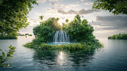 Canvas Print - Serene tropical island with waterfall, lush vegetation, birds in flight at sunset.