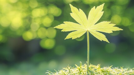 Sticker - Single vibrant green leaf sprout growing from moss, illuminated by sunlight against a bokeh background.