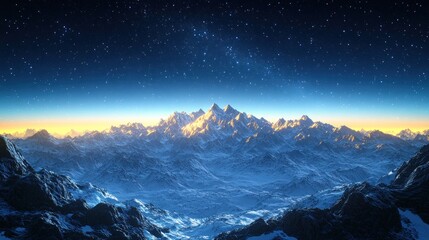 Poster - Majestic snow-capped mountains at sunrise under a starlit sky.