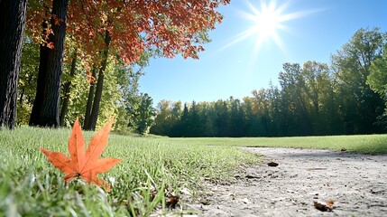 Wall Mural - Autumn Path  Sunny Fall Day with Maple Leaf