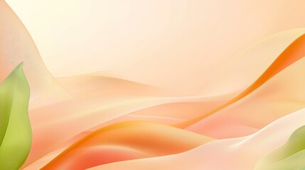 Poster - Soft peach and green abstract background with flowing lines and leaves.