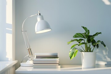 Comfortable bedside table with lamp and books