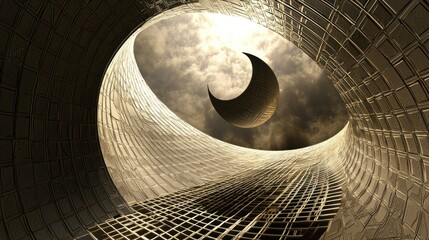 Fototapete - Surreal gold spiral structure with crescent moon and clouds.
