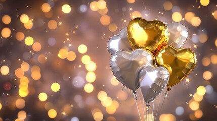 Canvas Print - Gold and Silver Heart Balloons against a Glittering Background