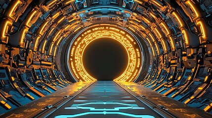 Poster - Futuristic Gateway with Glowing Neon Elements and Sleek Metallic Design, Ideal for Sci-Fi Themes and Digital Artwork Backgrounds