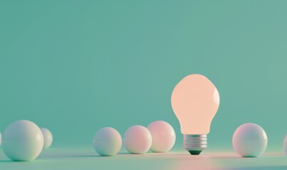 Poster - One of Lightbulb glowing among shutdown light bulb in dark area with copy space for creative thinking , problem solving solution and outstanding concept by 3d rendering technique