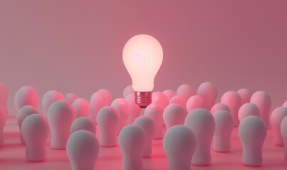 Poster - One of Lightbulb glowing among shutdown light bulb in dark area with copy space for creative thinking , problem solving solution and outstanding concept by 3d rendering technique
