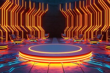 Poster - Futuristic Digital Environment with Glowing Circuits and Neon Lights in a High-Tech Setting Ideal for Technology and Innovation Concepts