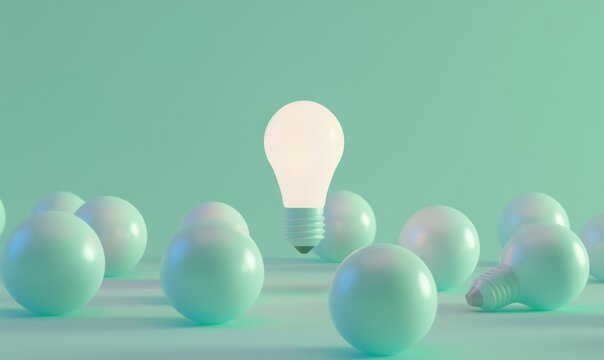 One of Lightbulb glowing among shutdown light bulb in dark area with copy space for creative thinking , problem solving solution and outstanding concept by 3d rendering technique
