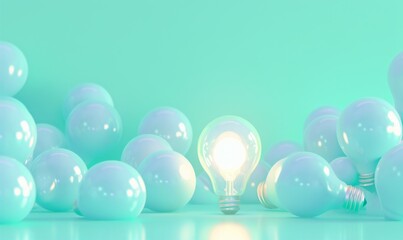 Poster - One of Lightbulb glowing among shutdown light bulb in dark area with copy space for creative thinking , problem solving solution and outstanding concept by 3d rendering technique