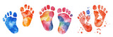 Mother day element, Colorful baby footprints in watercolor style, perfect for nursery decor, isolated on transparent background.