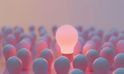 Poster - One of Lightbulb glowing among shutdown light bulb in dark area with copy space for creative thinking , problem solving solution and outstanding concept by 3d rendering technique