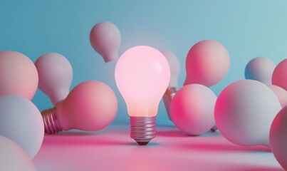 Poster - One of Lightbulb glowing among shutdown light bulb in dark area with copy space for creative thinking , problem solving solution and outstanding concept by 3d rendering technique
