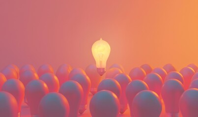 Poster - One of Lightbulb glowing among shutdown light bulb in dark area with copy space for creative thinking , problem solving solution and outstanding concept by 3d rendering technique