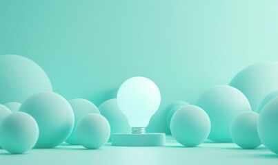 Poster - One of Lightbulb glowing among shutdown light bulb in dark area with copy space for creative thinking , problem solving solution and outstanding concept by 3d rendering technique