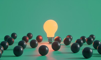 Poster - One of Lightbulb glowing among shutdown light bulb in dark area with copy space for creative thinking , problem solving solution and outstanding concept by 3d rendering technique