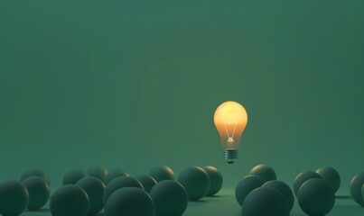 Poster - One of Lightbulb glowing among shutdown light bulb in dark area with copy space for creative thinking , problem solving solution and outstanding concept by 3d rendering technique