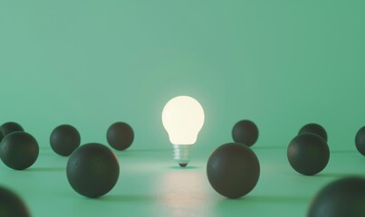 Poster - One of Lightbulb glowing among shutdown light bulb in dark area with copy space for creative thinking , problem solving solution and outstanding concept by 3d rendering technique