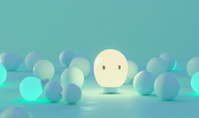 Poster - One of Lightbulb glowing among shutdown light bulb in dark area with copy space for creative thinking , problem solving solution and outstanding concept by 3d rendering technique