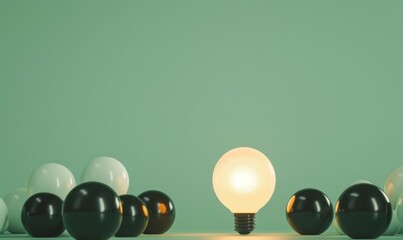 Poster - One of Lightbulb glowing among shutdown light bulb in dark area with copy space for creative thinking , problem solving solution and outstanding concept by 3d rendering technique