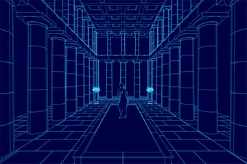 Poster - Blue image of a large room with a person standing in the middle. The room is filled with pillars and has a very modern and futuristic feel to it