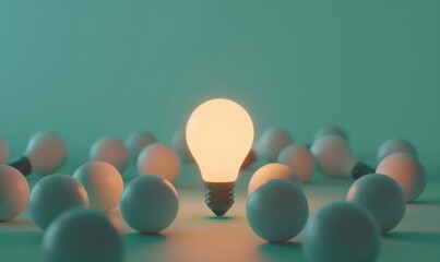 Poster - One of Lightbulb glowing among shutdown light bulb in dark area with copy space for creative thinking , problem solving solution and outstanding concept by 3d rendering technique