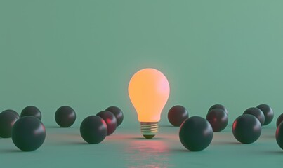 Poster - One of Lightbulb glowing among shutdown light bulb in dark area with copy space for creative thinking , problem solving solution and outstanding concept by 3d rendering technique