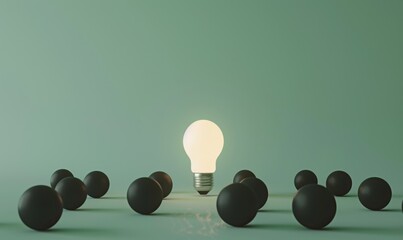 Poster - One of Lightbulb glowing among shutdown light bulb in dark area with copy space for creative thinking , problem solving solution and outstanding concept by 3d rendering technique