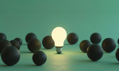 Poster - One of Lightbulb glowing among shutdown light bulb in dark area with copy space for creative thinking , problem solving solution and outstanding concept by 3d rendering technique