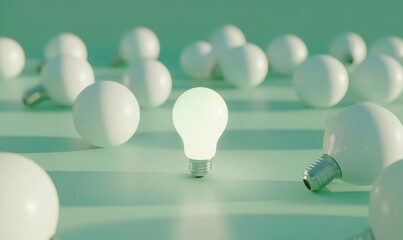 Poster - One of Lightbulb glowing among shutdown light bulb in dark area with copy space for creative thinking , problem solving solution and outstanding concept by 3d rendering technique