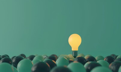 Poster - One of Lightbulb glowing among shutdown light bulb in dark area with copy space for creative thinking , problem solving solution and outstanding concept by 3d rendering technique