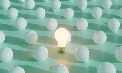 Poster - One of Lightbulb glowing among shutdown light bulb in dark area with copy space for creative thinking , problem solving solution and outstanding concept by 3d rendering technique