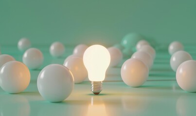 Poster - One of Lightbulb glowing among shutdown light bulb in dark area with copy space for creative thinking , problem solving solution and outstanding concept by 3d rendering technique