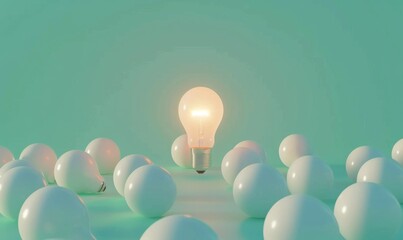 Poster - One of Lightbulb glowing among shutdown light bulb in dark area with copy space for creative thinking , problem solving solution and outstanding concept by 3d rendering technique