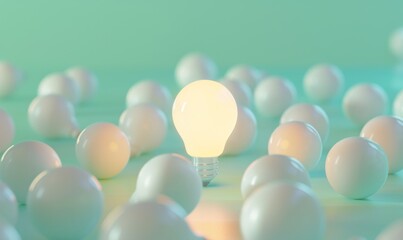 Poster - One of Lightbulb glowing among shutdown light bulb in dark area with copy space for creative thinking , problem solving solution and outstanding concept by 3d rendering technique