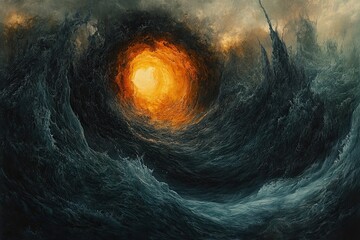 Wall Mural - Painting of a large wave with a bright orange sun in the center