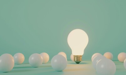 Poster - One of Lightbulb glowing among shutdown light bulb in dark area with copy space for creative thinking , problem solving solution and outstanding concept by 3d rendering technique