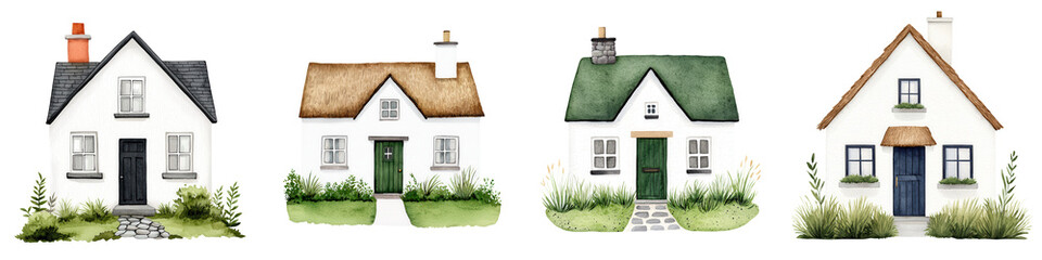 Saint patrick day element, Traditional Irish cottages with unique designs and colors, isolated on transparent background.