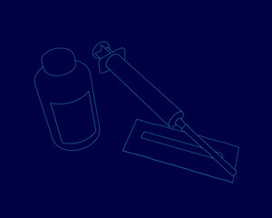 Poster - Bottle of medicine and a syringe are placed on a blue background. The syringe is positioned in the middle of the bottle, with the bottle's cap on top of it. Concept of caution and responsibility