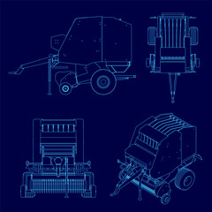 Fototapete - Blue drawing of a machine with a blue drawing of the same machine. The drawings machine that is used for harvesting crops