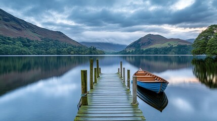 Naklejka na meble Serene Lake Scene With Wooden Dock And Rowboat