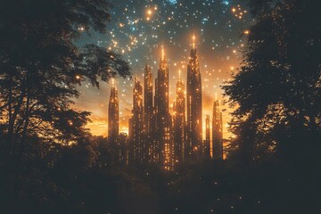 Wall Mural - Cityscape with a glowing skyline and a forest in the background
