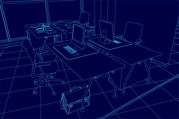 Poster - Blue drawing of a room with a desk and chairs. The chairs are empty and the desk has a laptop and a briefcase. The room appears to be a workspace or office