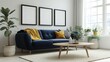 © AdibaZR - Modern living room interior design with blue sofa, wooden coffee table, plants, and blank frames.