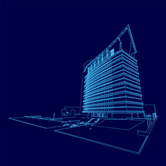 Poster - Blue building with a blue sky background. The building is tall and has many windows