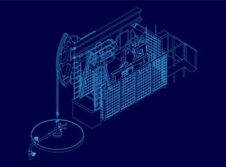 Poster - Blue drawing of a pump jack. The drawing is of a pump jack that is in the process of pumping oil. The drawing is very detailed and shows the different parts of the pump jack