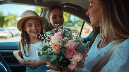 Wall Mural - A family getting into a car to take mom on a Mother's Day outing, with a bouquet in hand.