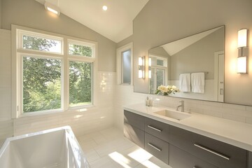 Poster - minimalistic modern bathroom with large mirror white tiles and clean design